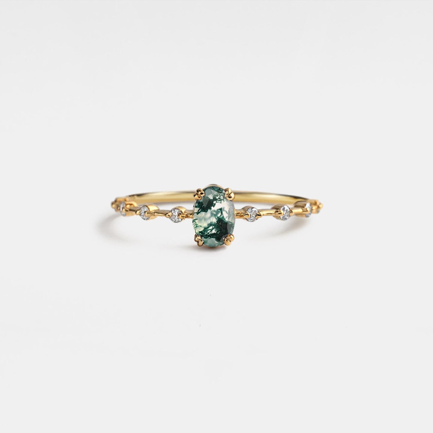 Oval Cut Moss Agate Stacking Ring, Gold Plated
