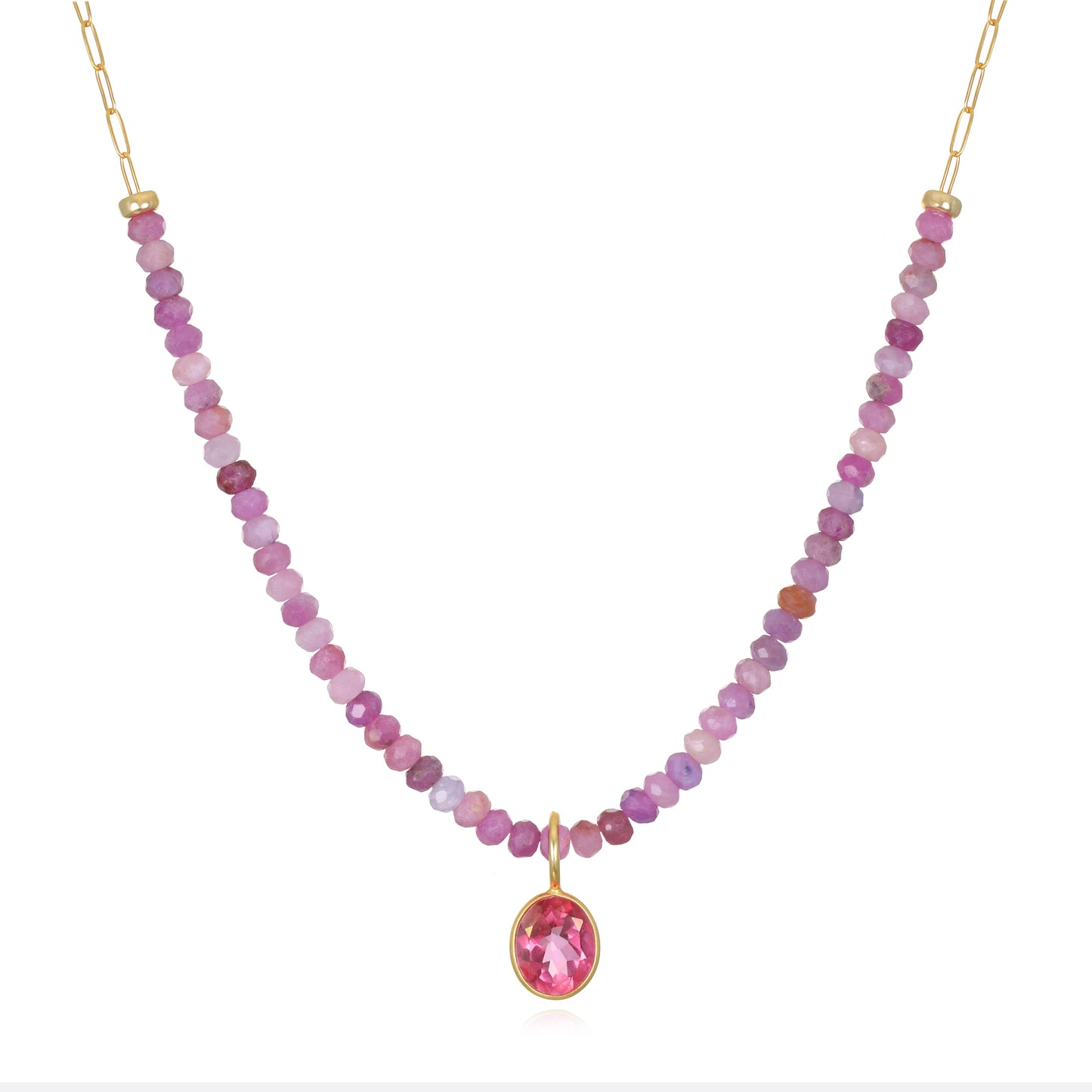 Beaded Paperclip Necklace, Pink Topaz & Ruby, Gold Filled, by Amelia Rose