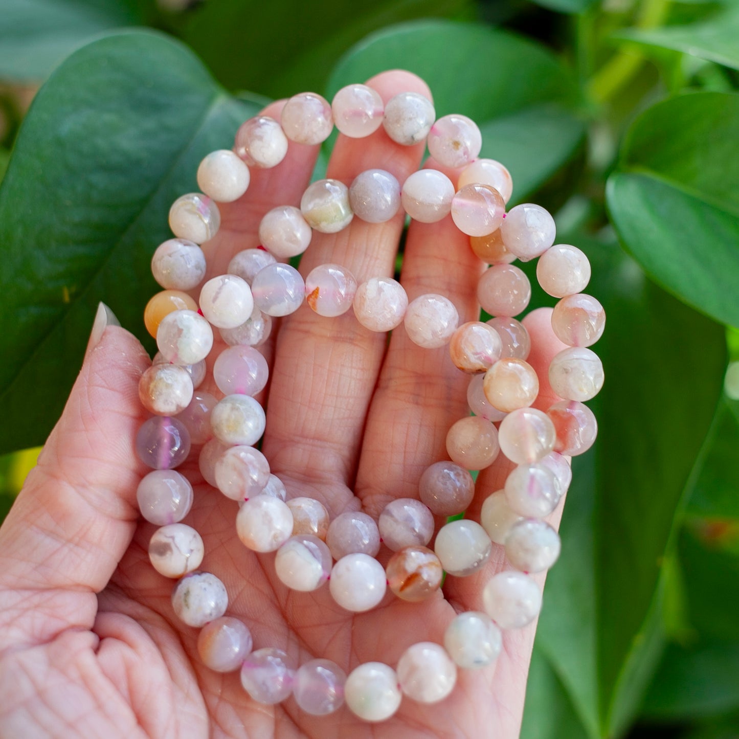 Flower Agate Bead Bracelet, Pink Chalcedony, Cherry Blossom