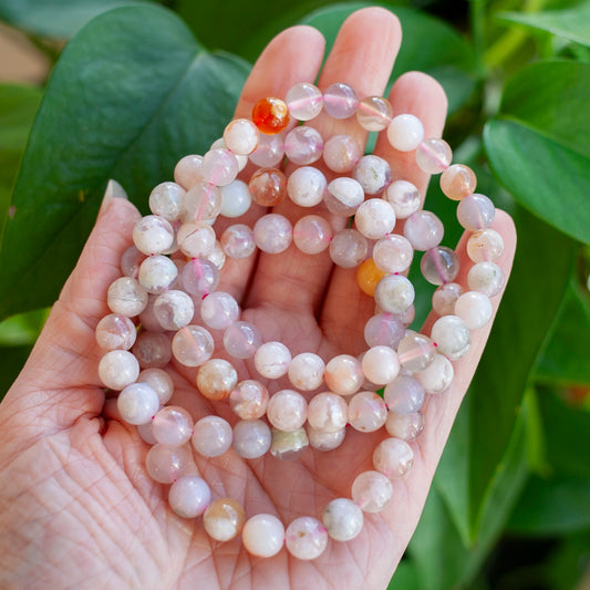 Flower Agate Bead Bracelet, Pink Chalcedony, Cherry Blossom