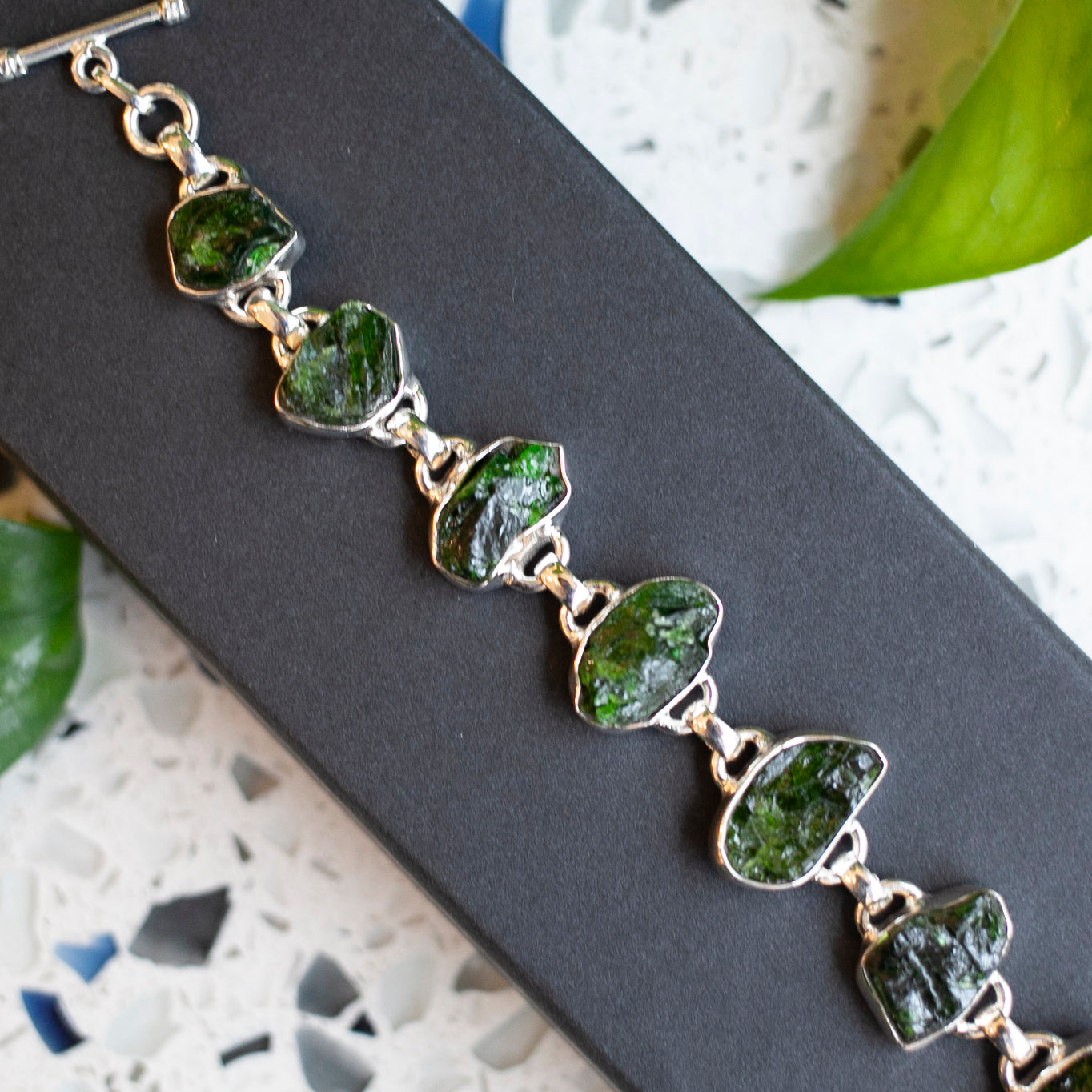 Raw Chrome Dioptase Bracelet, Sterling Silver