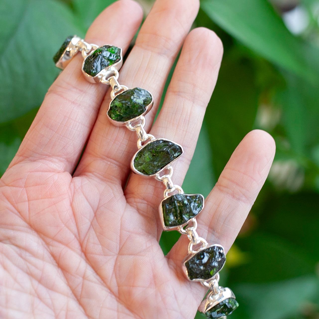 Raw Chrome Dioptase Bracelet, Sterling Silver