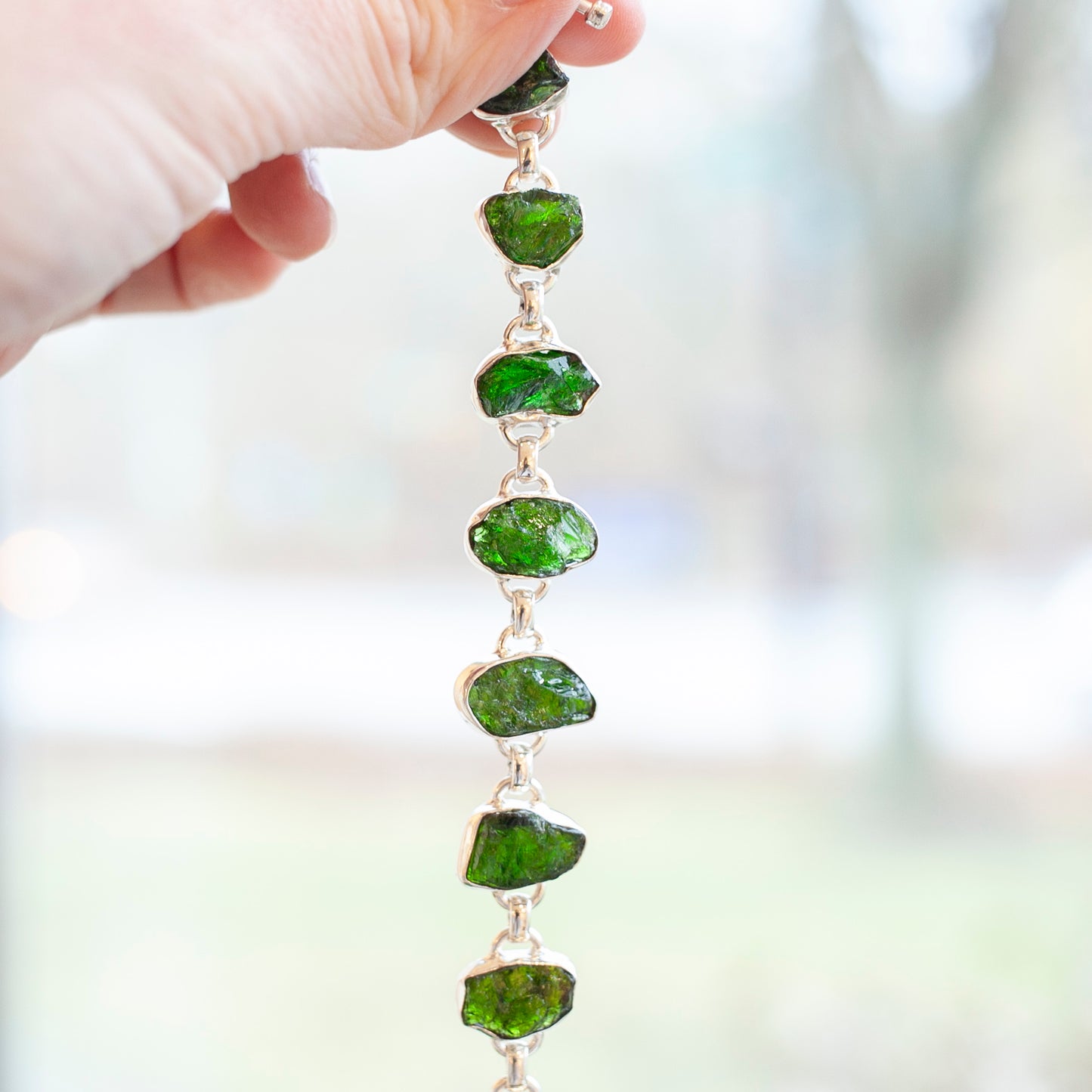 Raw Chrome Dioptase Bracelet, Sterling Silver