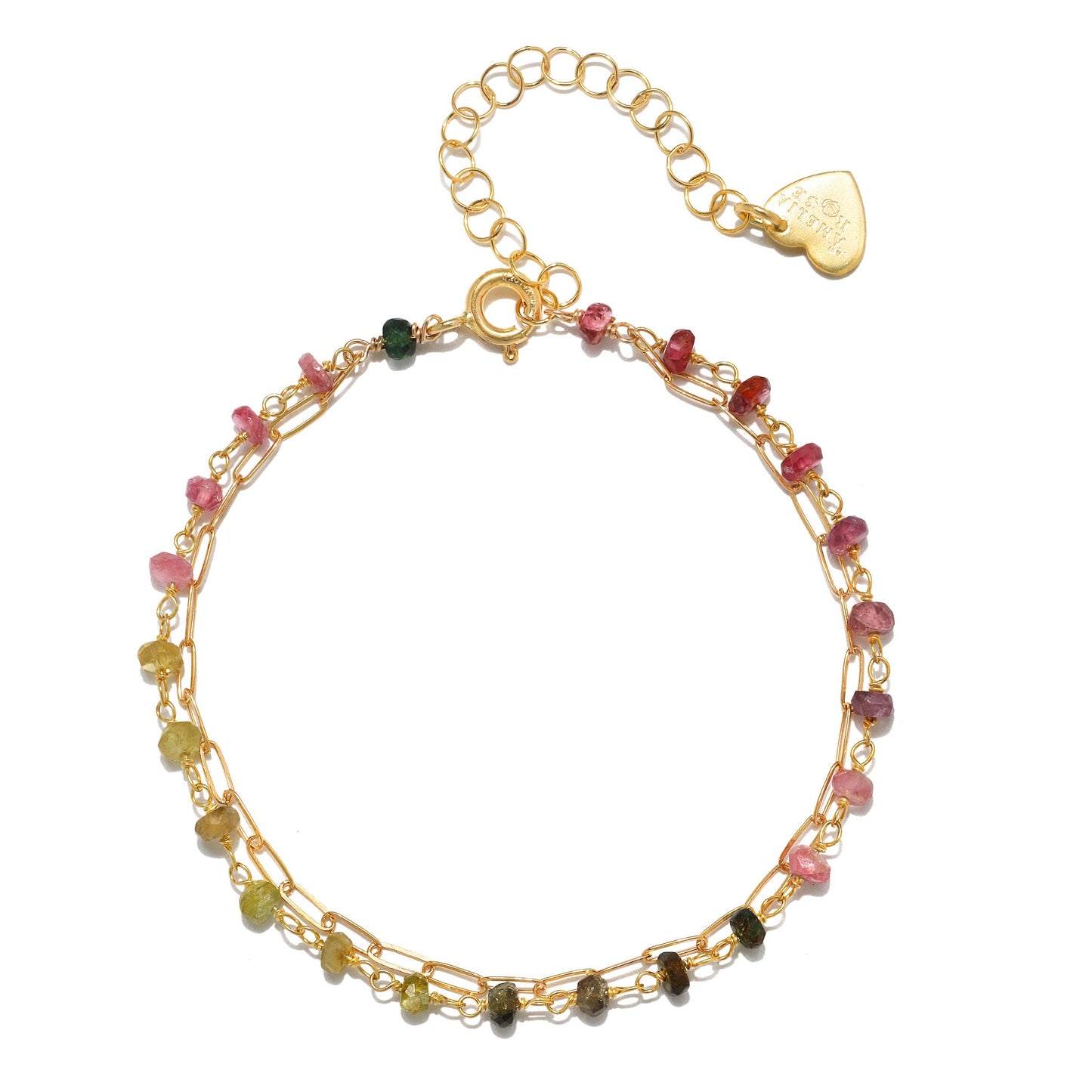 Watermelon Tourmaline Layered Paperclip Bracelet, Gold, Amelia Rose Jewelry