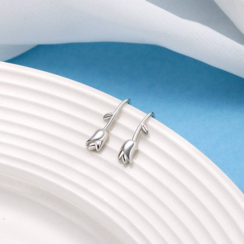 Dainty Tulip Flower Hook Earrings in 925 Sterling Silver
