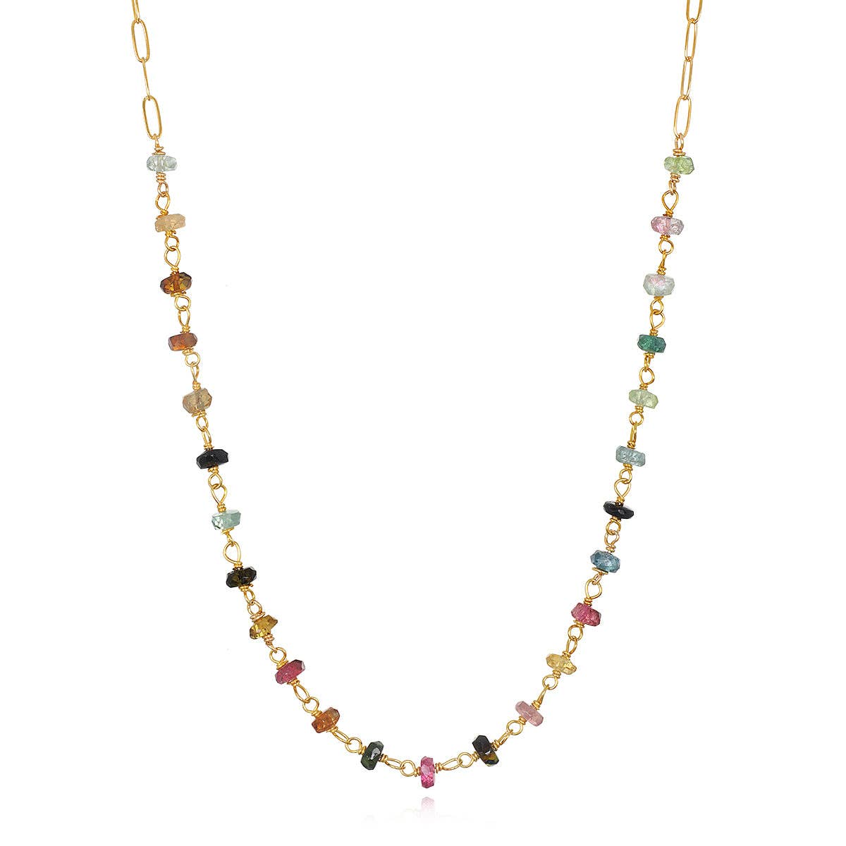 Gold Paperclip Necklace with Pink and Green Tourmaline, Amelia Rose Jewelry