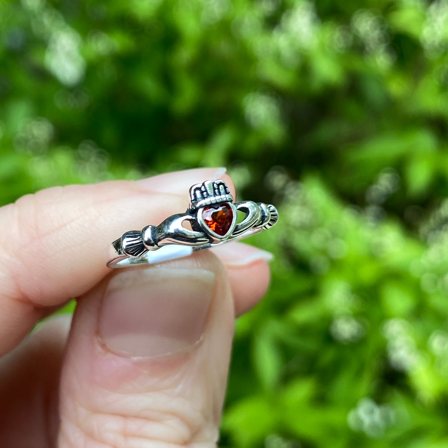 Garnet Claddagh Ring, Solid .925 Silver