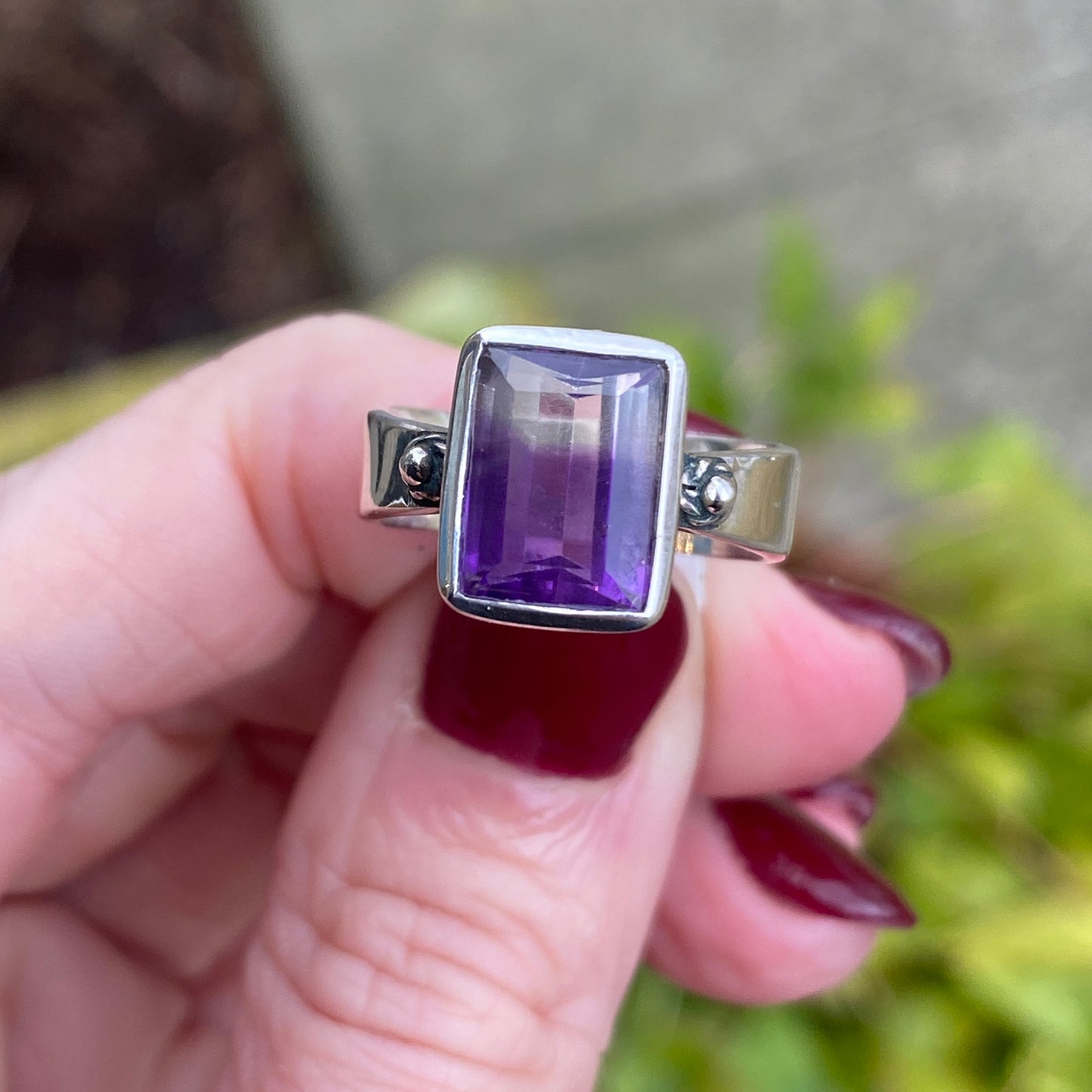 Unique Zoned Amethyst Ring, Size 6.5, Sterling Silver