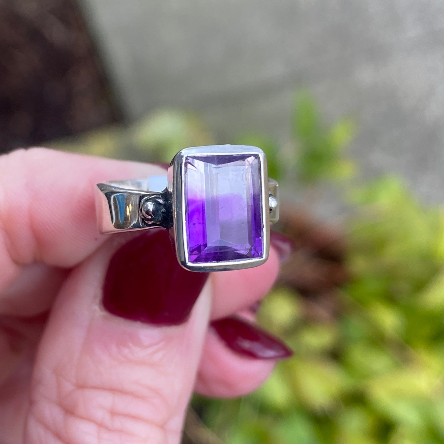 Unique Zoned Amethyst Ring, Size 6.5, Sterling Silver