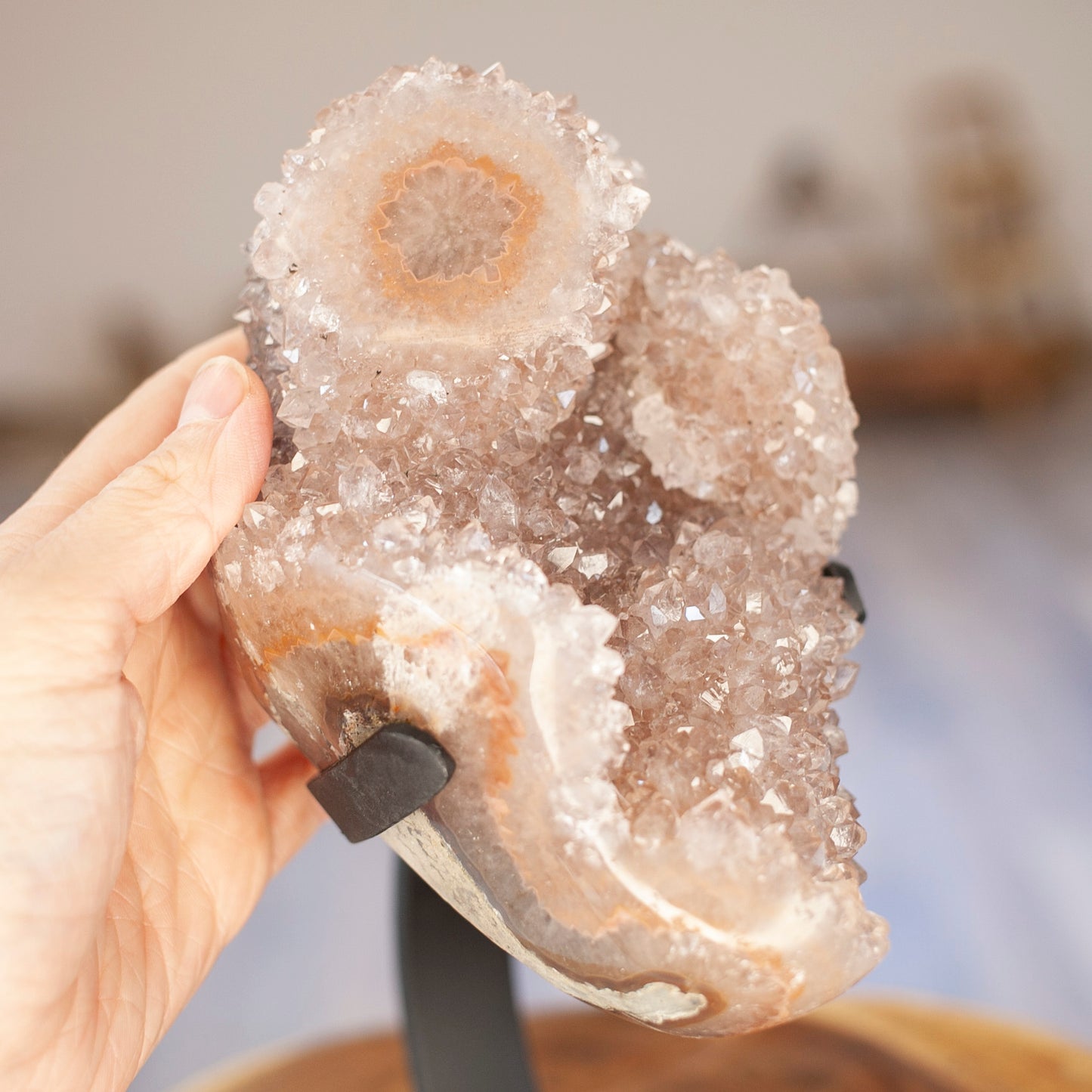 Blush Pink Quartz Stalactite Cluster on Stand from Uruguay