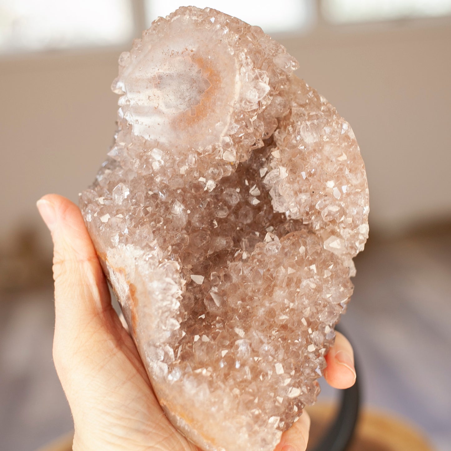 Blush Pink Quartz Stalactite Cluster on Stand from Uruguay