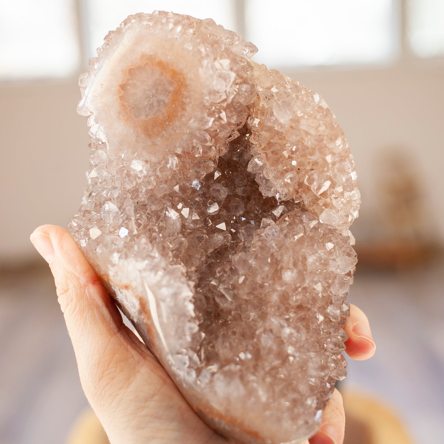Blush Pink Quartz Stalactite Cluster on Stand from Uruguay