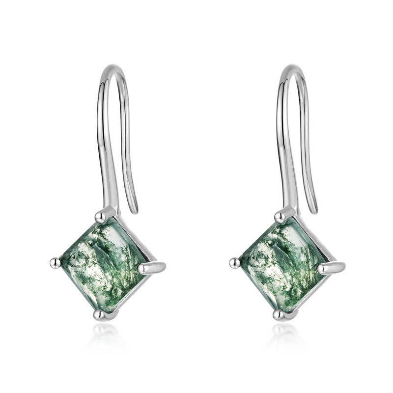 Moss Agate Drop Earrings in 925 Sterling Silver: Square