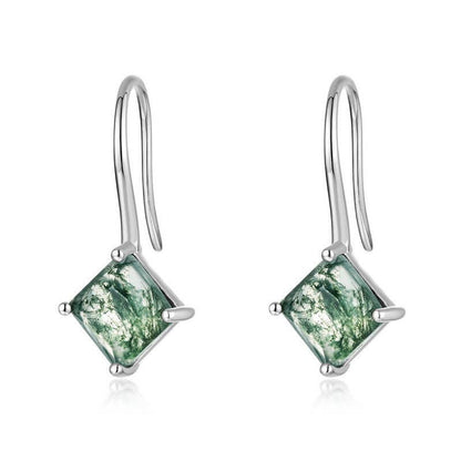 Moss Agate Drop Earrings in 925 Sterling Silver: Square