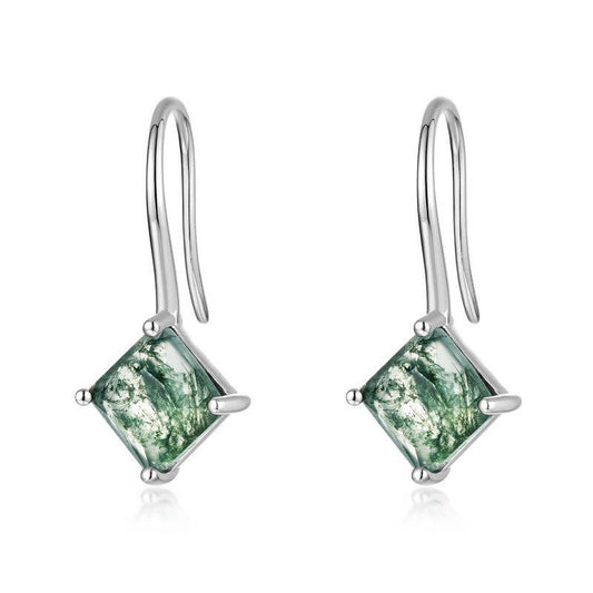 Moss Agate Drop Earrings in 925 Sterling Silver: Square
