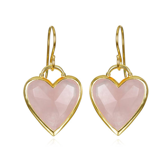 Rose Quartz Heart Earrings, Gold