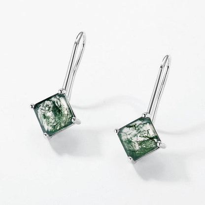Moss Agate Drop Earrings in 925 Sterling Silver: Square