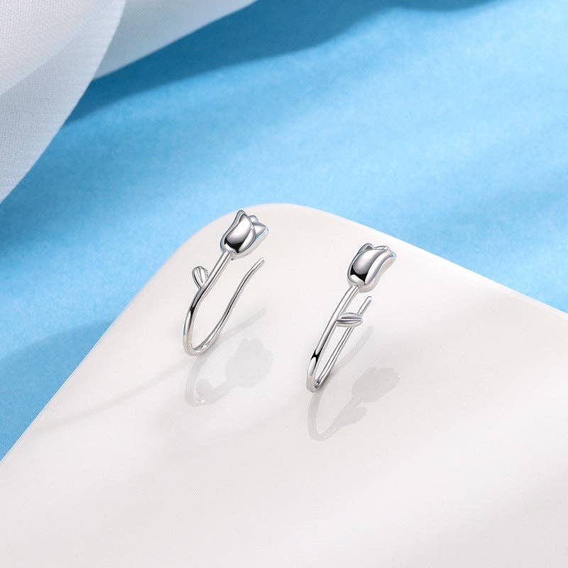 Dainty Tulip Flower Hook Earrings in 925 Sterling Silver