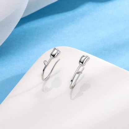 Dainty Tulip Flower Hook Earrings in 925 Sterling Silver