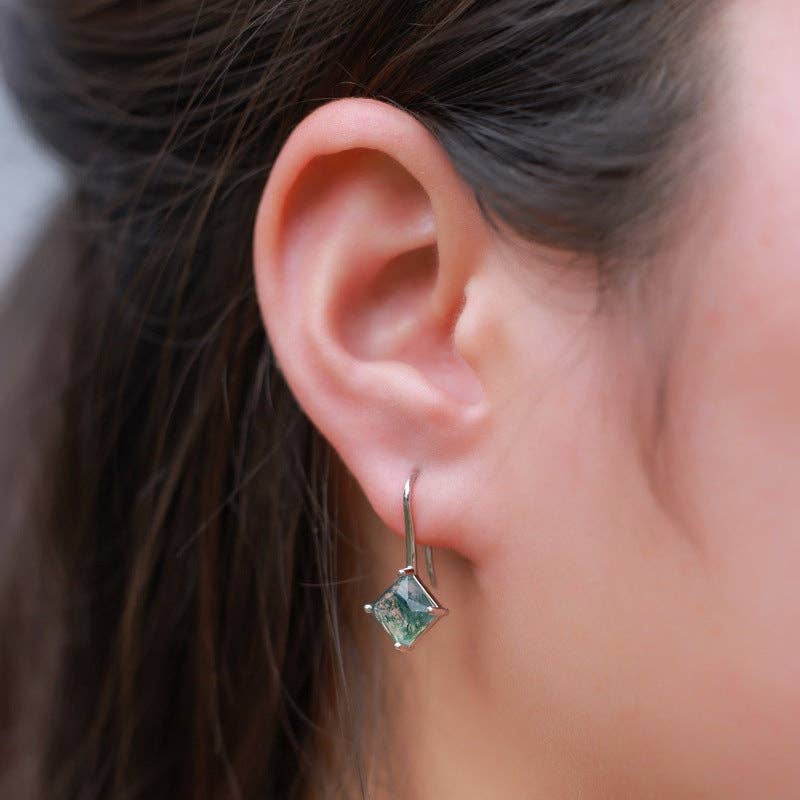 Moss Agate Drop Earrings in 925 Sterling Silver: Square