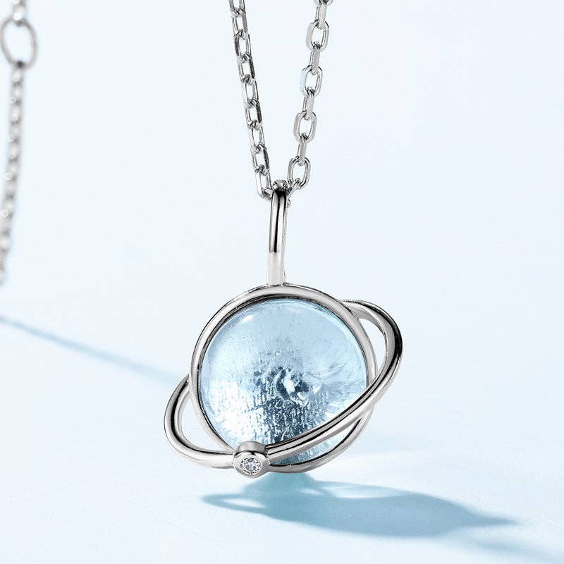 Blue Topaz Planet Saturn Pendant in 925 Sterling Silver