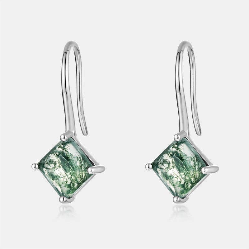 Moss Agate Drop Earrings in 925 Sterling Silver: Square