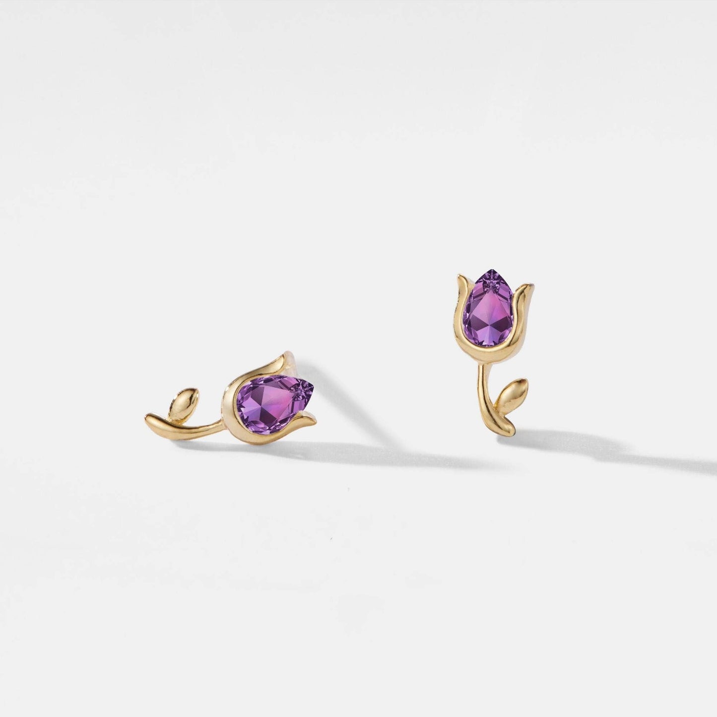 Tiny Amethyst Tulip Flower Earrings, Gold Plated