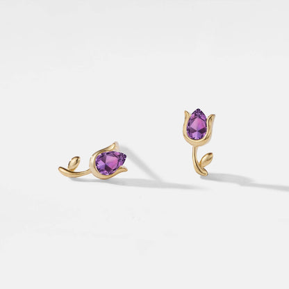 Tiny Amethyst Tulip Flower Earrings, Gold Plated