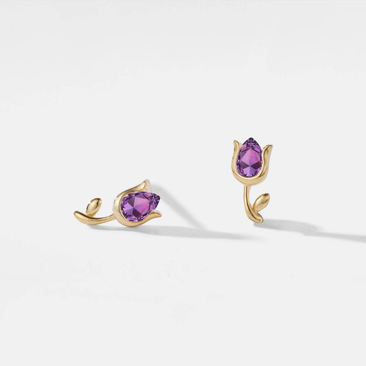 Tiny Amethyst Tulip Flower Earrings, Gold Plated