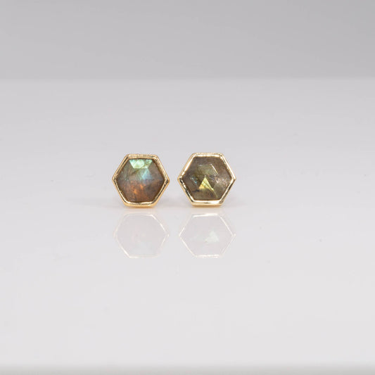 Labradorite Gem Cut Stud Earrings, Gold