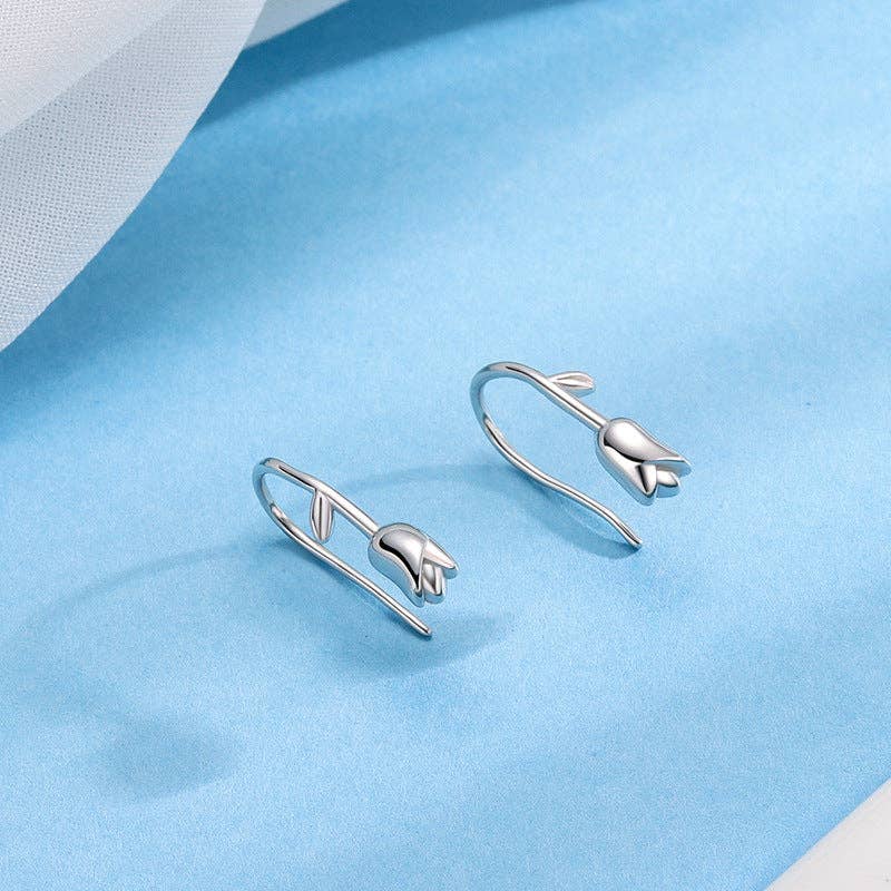 Dainty Tulip Flower Hook Earrings in 925 Sterling Silver