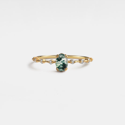 Oval Cut Moss Agate Stacking Ring, Gold Plated