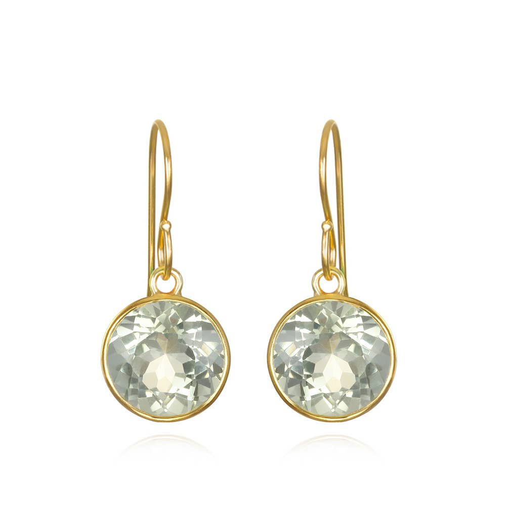 Bezeled Round Gemdrop Earrings, Green Amethyst, Gold, by Amelia Rose