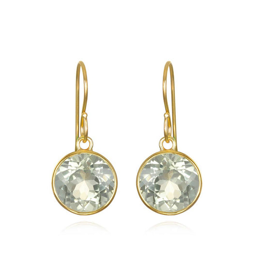 Bezeled Round Gemdrop Earrings, Green Amethyst, Gold, by Amelia Rose