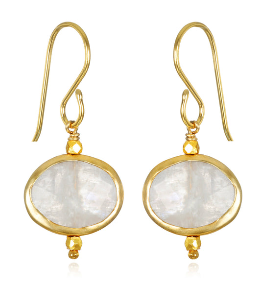 Rainbow Moonstone Drop Earrings, Gold