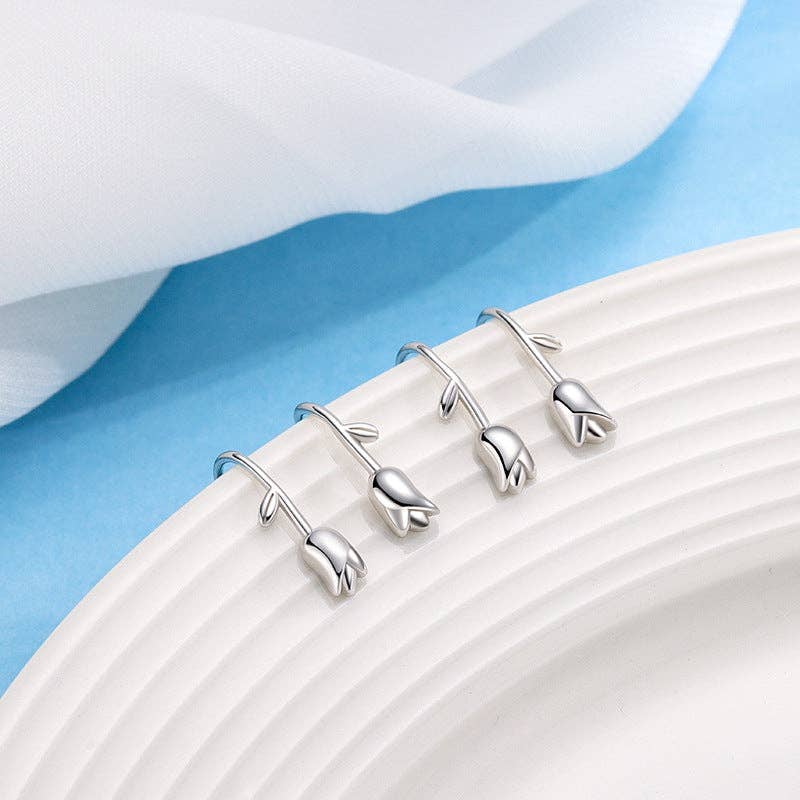 Dainty Tulip Flower Hook Earrings in 925 Sterling Silver