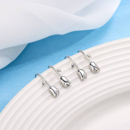 Dainty Tulip Flower Hook Earrings in 925 Sterling Silver