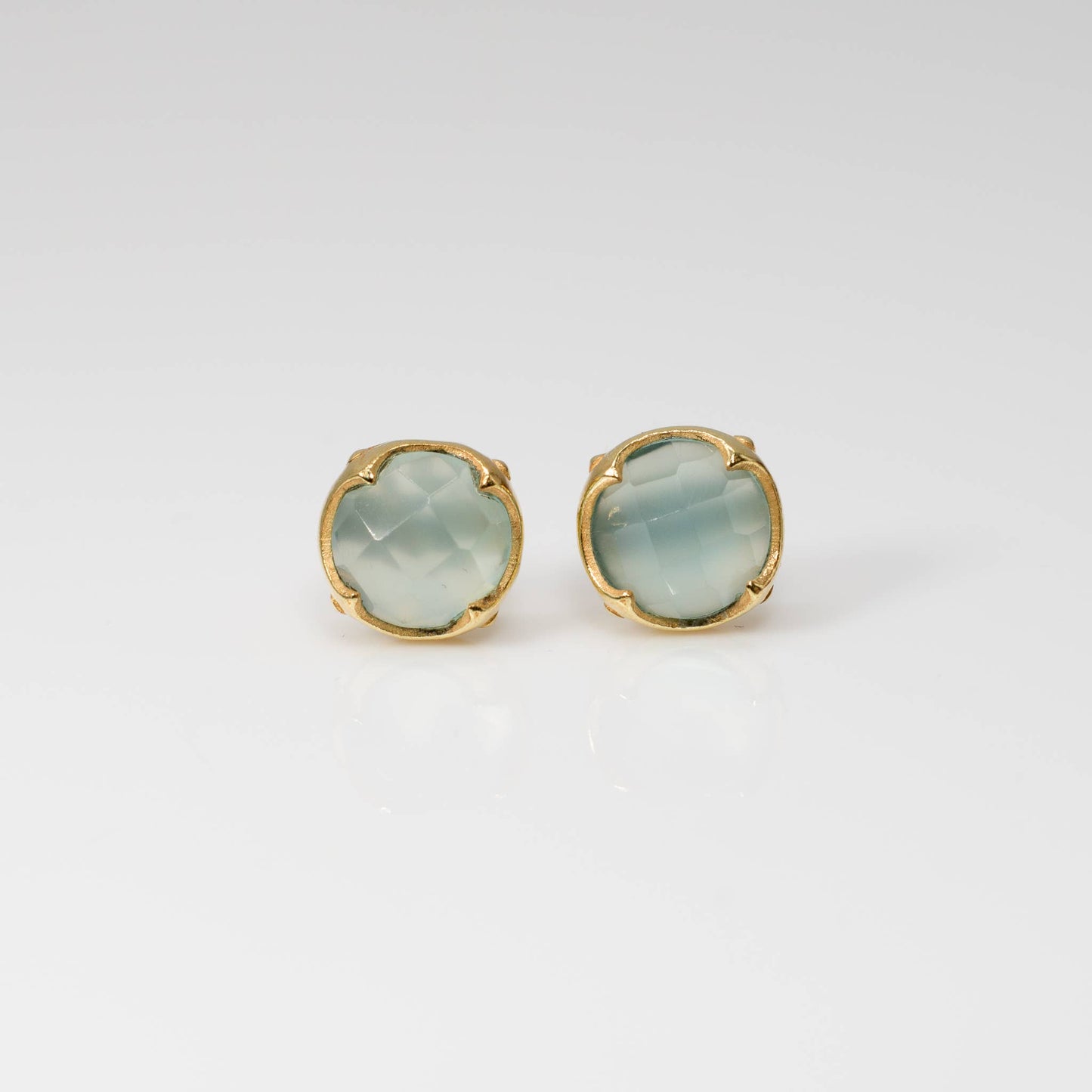 Blue Chalcedony Stud Earrings, Faceted Round, Gold, Coming May 27th