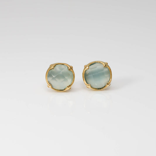 Blue Chalcedony Stud Earrings, Faceted Round, Gold