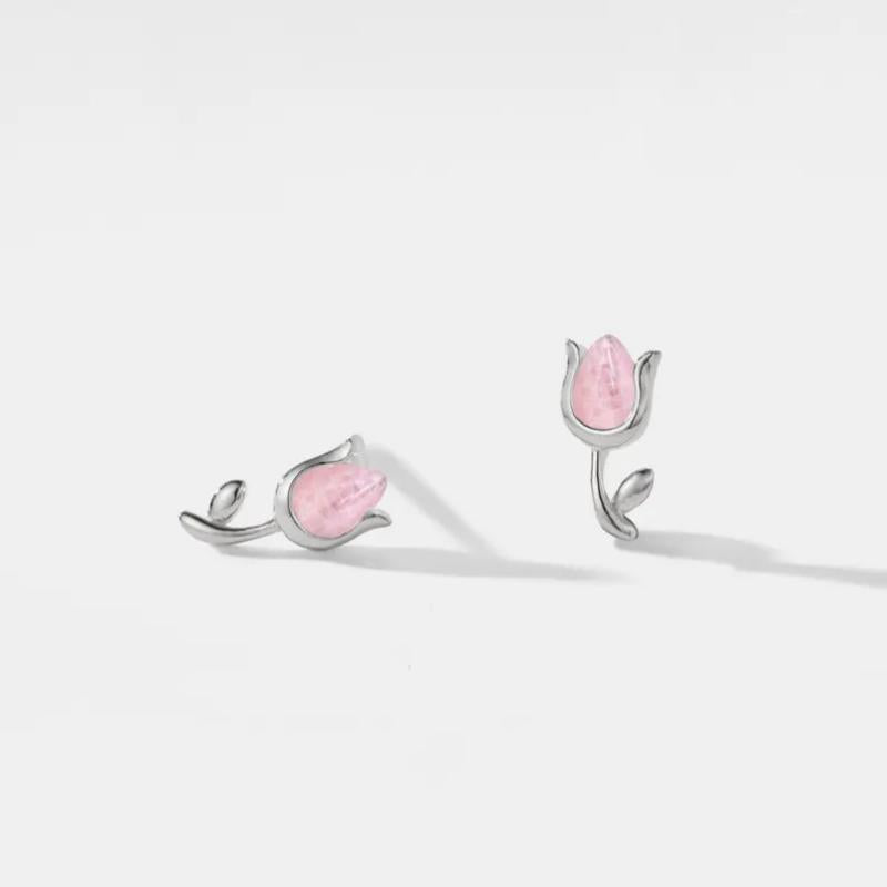 Rose Quartz Tulip Flower Earrings in 925 Sterling Silver