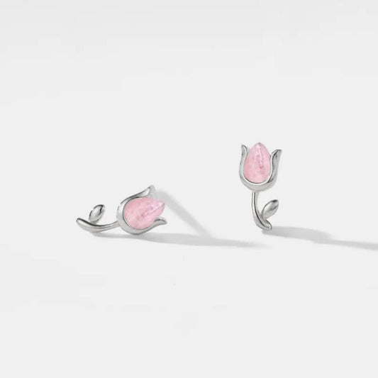 Rose Quartz Tulip Flower Earrings in 925 Sterling Silver