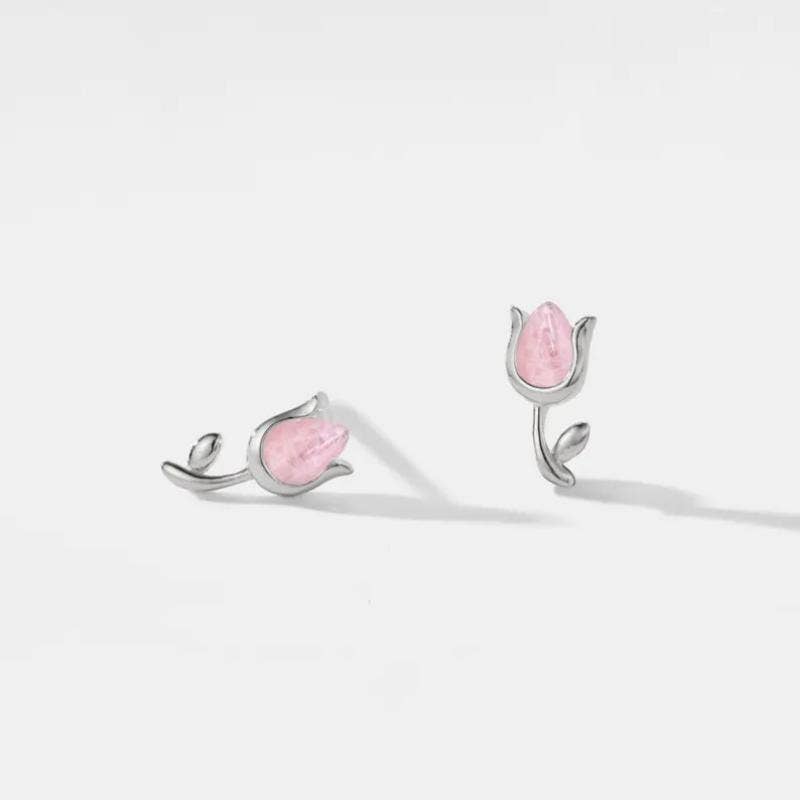 Rose Quartz Tulip Flower Earrings in 925 Sterling Silver