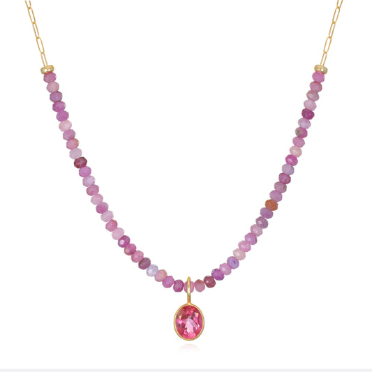 Beaded Paperclip Necklace, Pink Topaz & Ruby, Gold Filled, by Amelia Rose