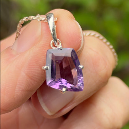 Amethyst Gem Pendant, Sterling Silver, Natural, Freeform Faceted Amethyst Gem