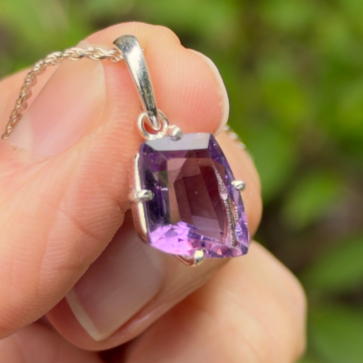 Amethyst Gem Pendant, Sterling Silver, Natural, Freeform Faceted Amethyst Gem