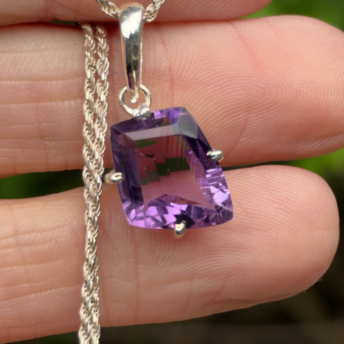 Amethyst Gem Pendant, Sterling Silver, Natural, Freeform Faceted Amethyst Gem
