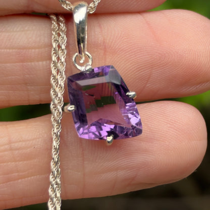 Amethyst Gem Pendant, Sterling Silver, Natural, Freeform Faceted Amethyst Gem