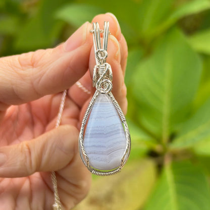 Blue Lace Agate Wire Wrapped Pendant, Made in Store