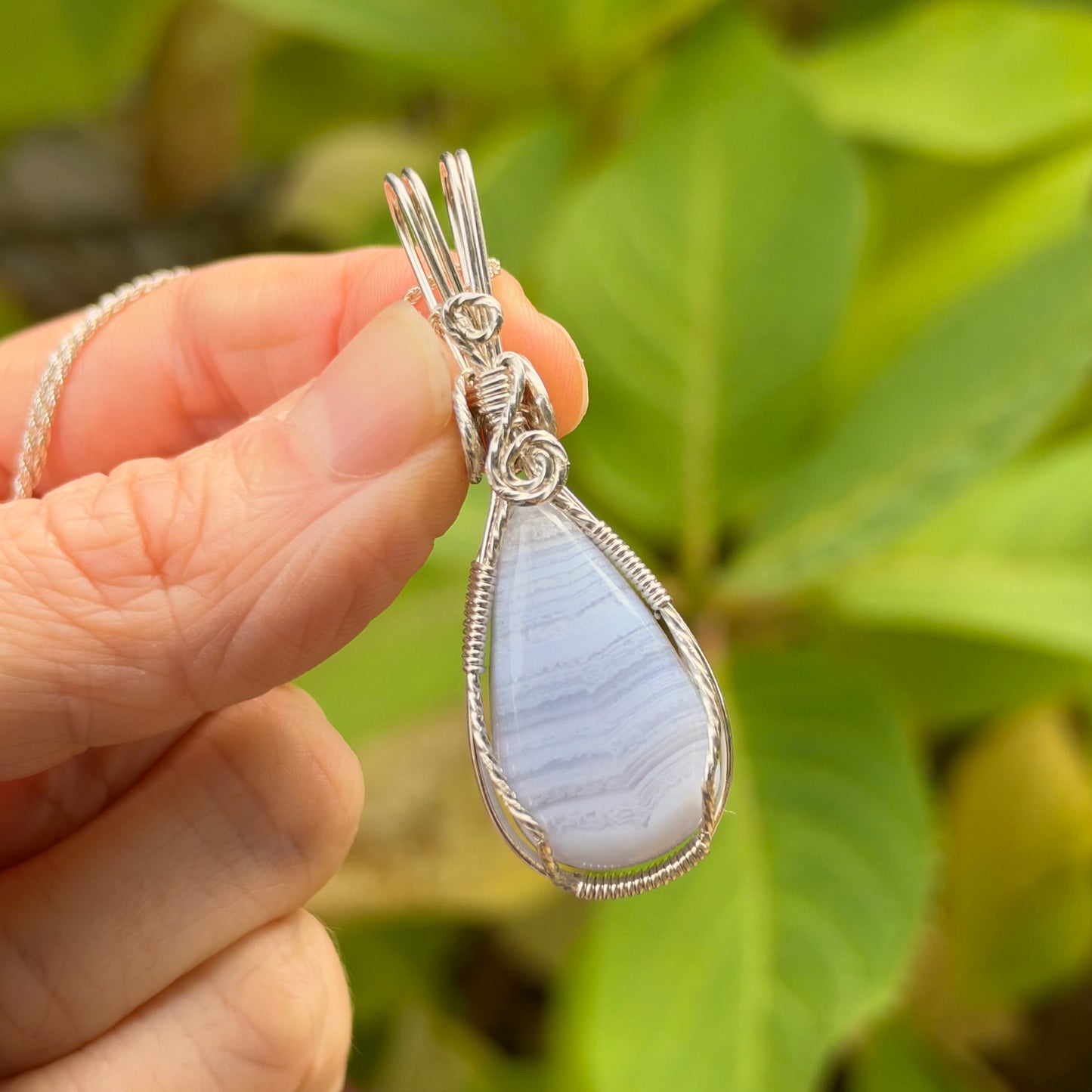 Blue Lace Agate Wire Wrapped Pendant, Made in Store