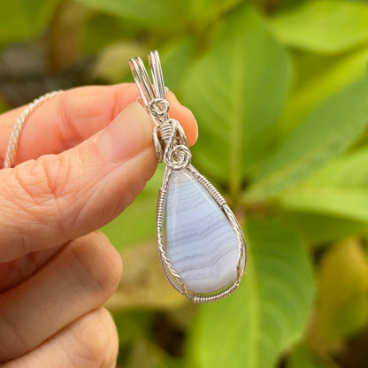 Blue Lace Agate Wire Wrapped Pendant, Made in Store